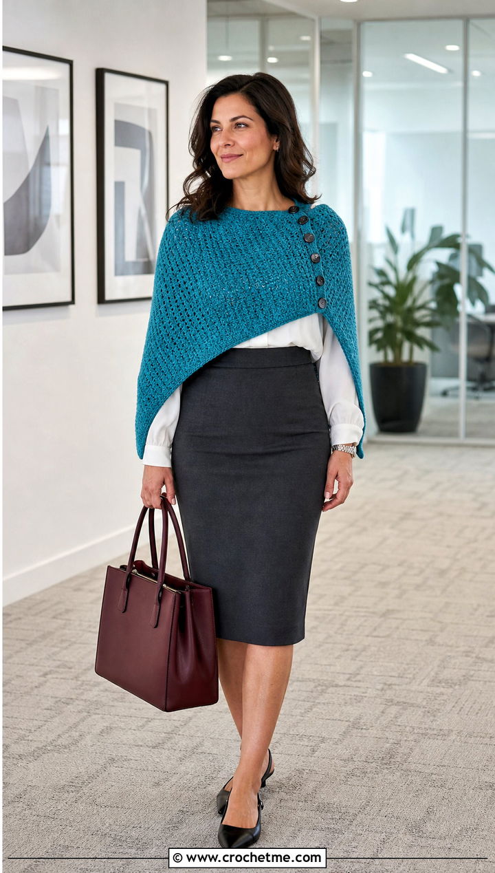 Buttoned Tunisian Crochet Wrap With Pencil Skirt - 25 Tunisian Crochet Wrap outfit ideas