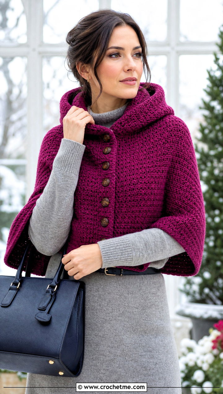 Buttoned Tunisian Hooded Cowl With Sweater Dress - 15 Tunisian Crochet Hooded Cowl outfit ideas