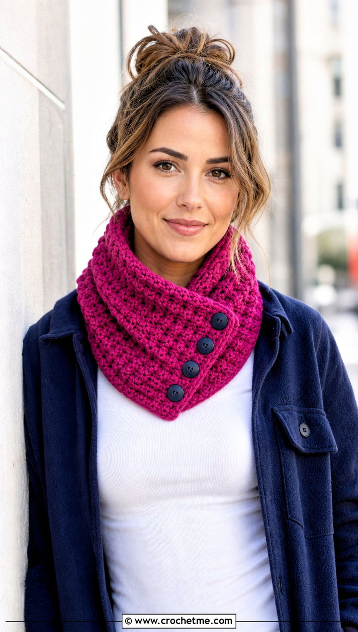 Buttoned Waffle Crochet Cowl Scarf With Shacket - 25 Waffle Crochet Scarf outfit ideas
