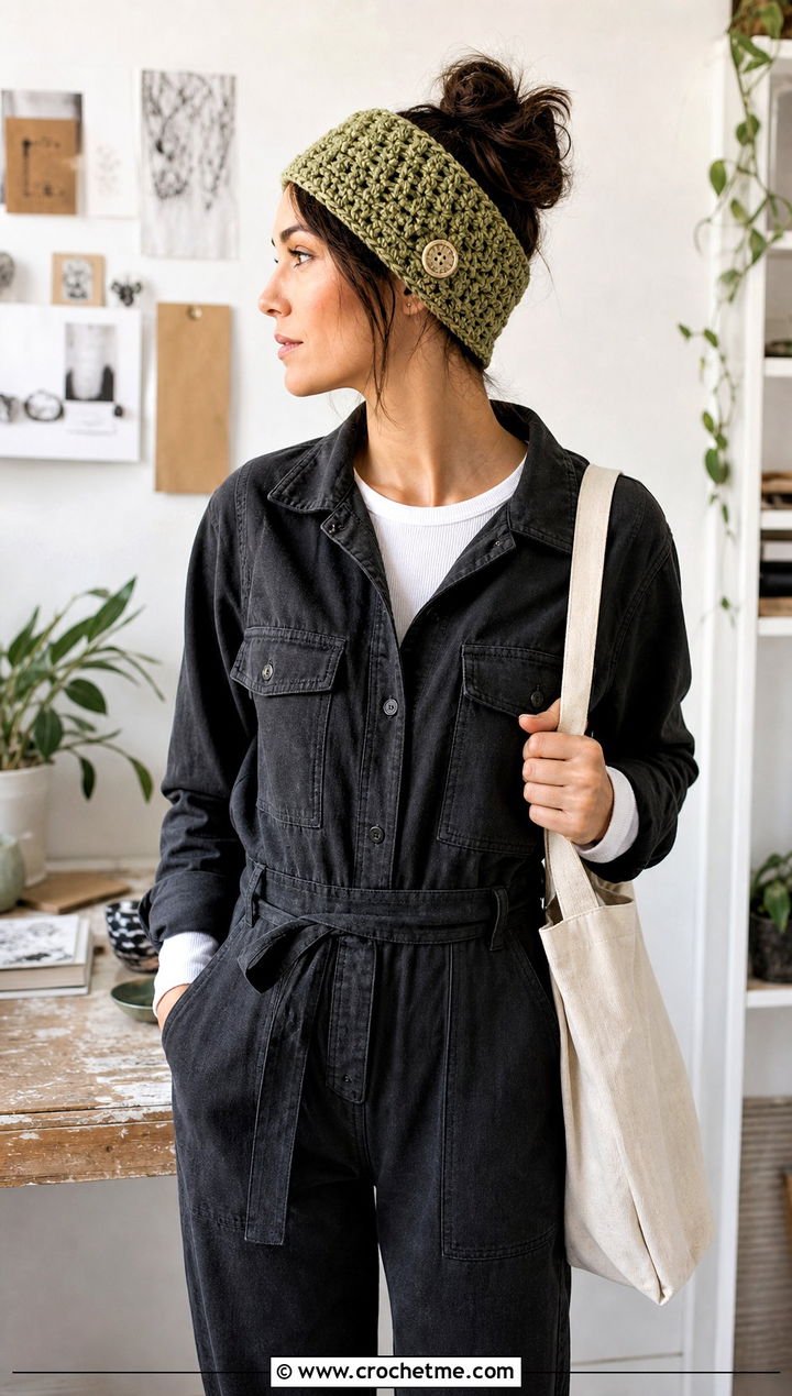 Buttoned Wide Crochet Ear Warmer With Utility Jumpsuit - 15 Wide Crochet Ear Warmer outfit ideas