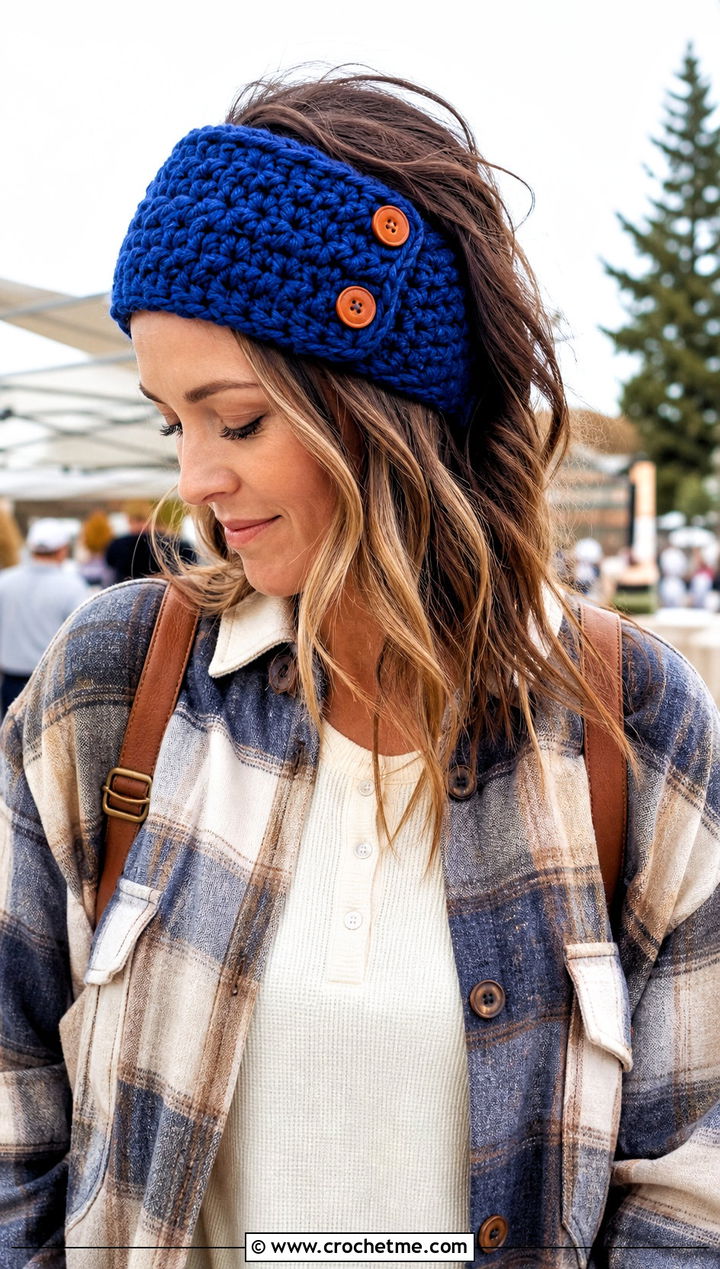 Buttoned Wide Crochet Headband With Shacket - 30 boho crochet headband outfit ideas