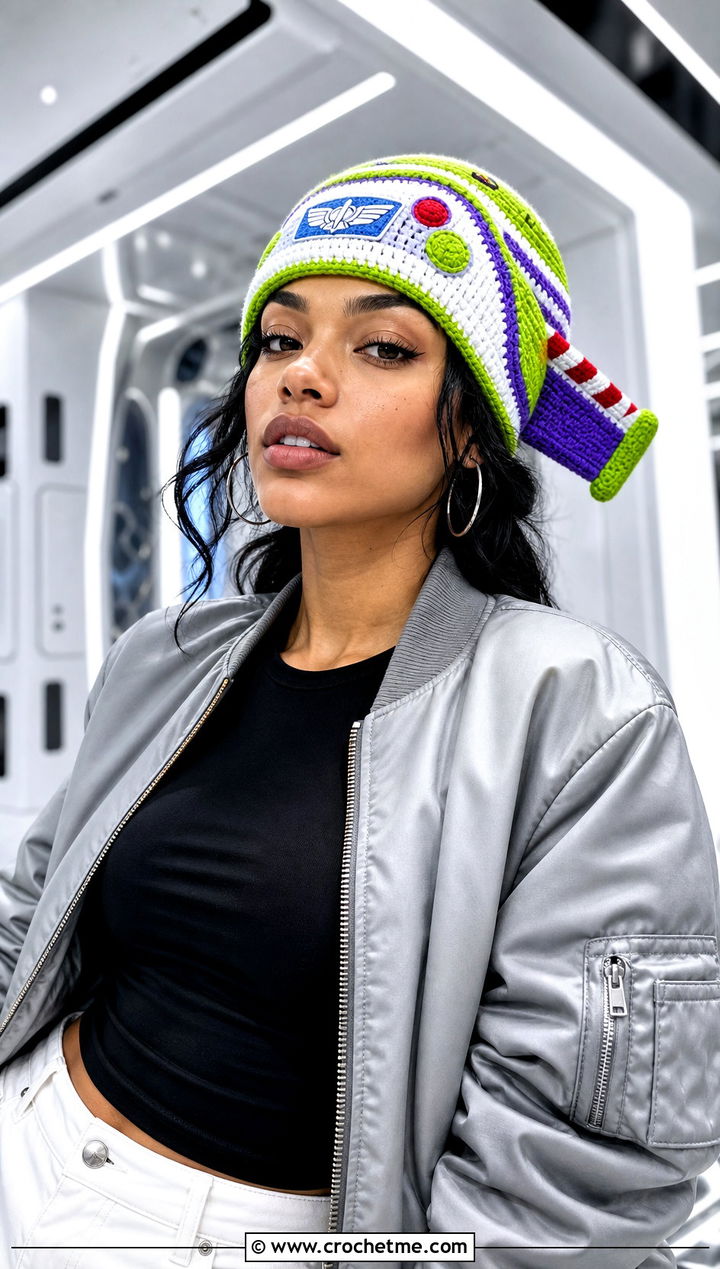 Buzz Lightyear Colorblock Beanie With Bomber Jacket - 25 Crochet Disney Beanie outfit ideas