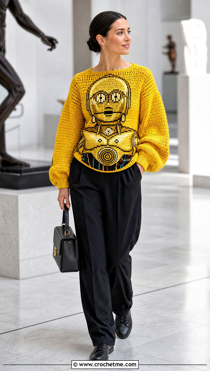 C PO Balloon Sleeve Crochet Sweater With Pleated Trousers - 20 Star Wars Crochet Sweater outfit ideas