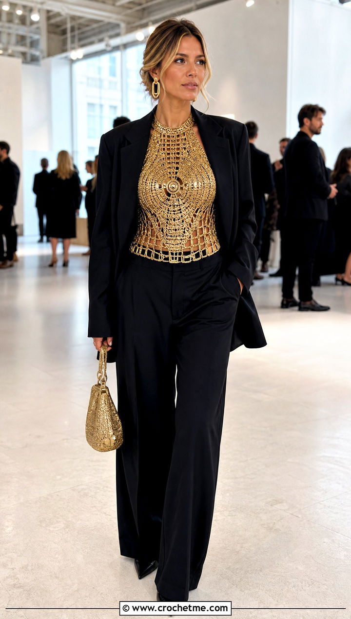 C PO Metallic Crochet Tank With Black Suit - 25 Star Wars Crochet Clothes and outfit ideas