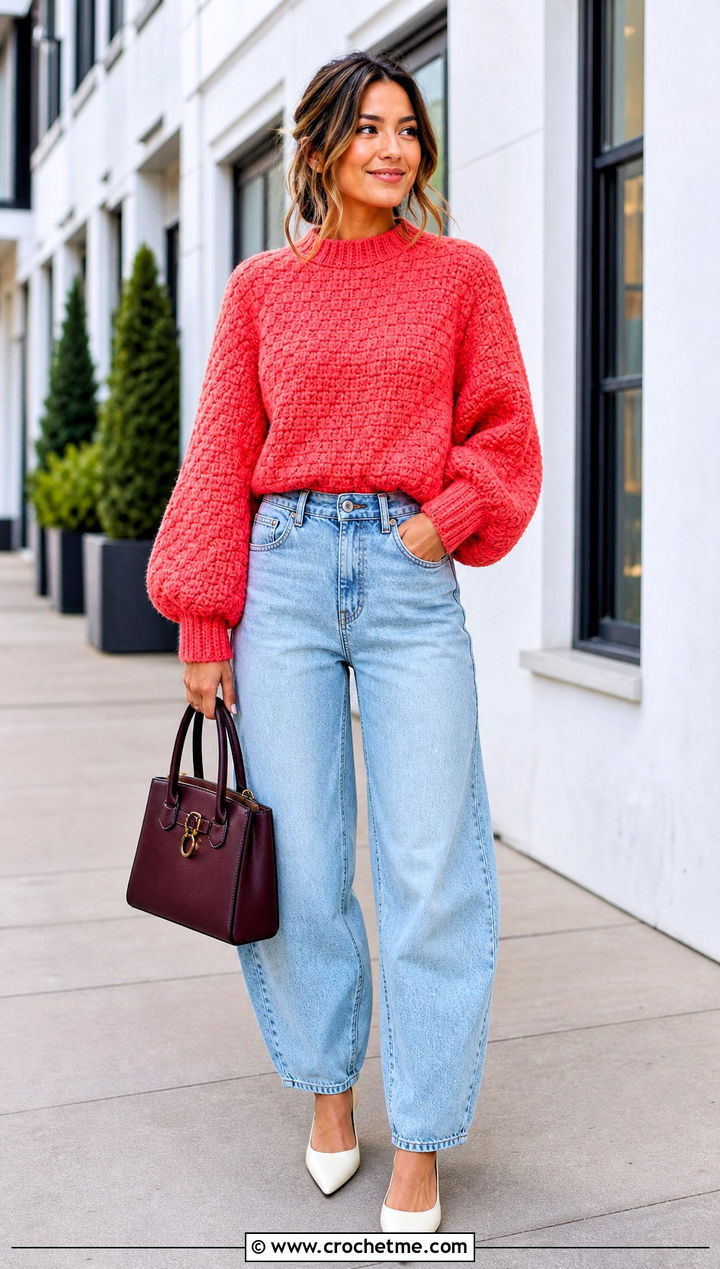 C C Balloon Sleeve Crochet Sweater With Barrel Jeans - 25 c2c crochet sweater outfit ideas