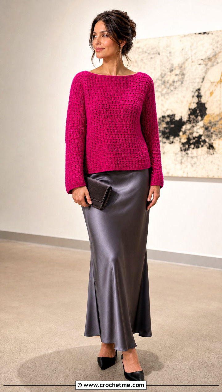 C C Boat Neck Crochet Sweater With Satin Slip Skirt - 25 c2c crochet sweater outfit ideas