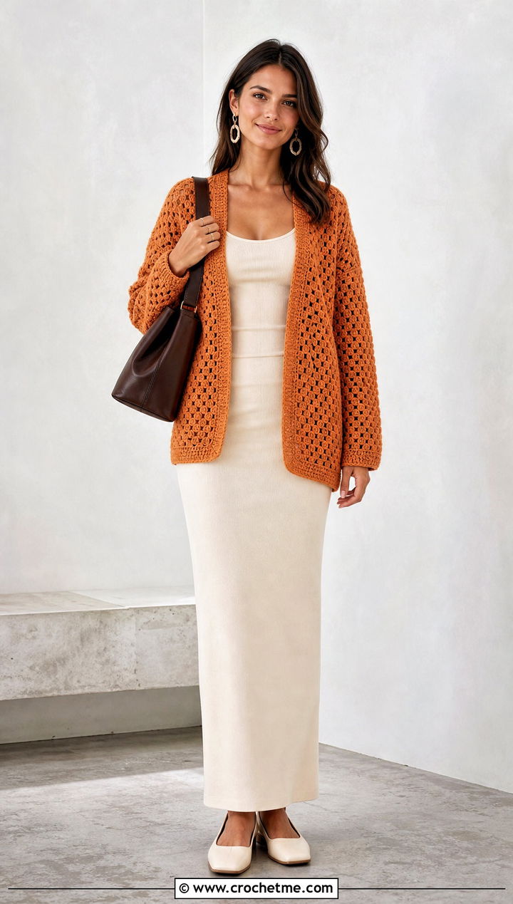 C C Cardigan Sweater With Tank Top And Column Skirt - 25 c2c crochet sweater outfit ideas
