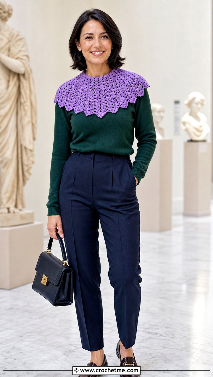 C C Collar Scarf With Crewneck Sweater And Tailored Pants - 35 c2c crochet scarf outfit ideas