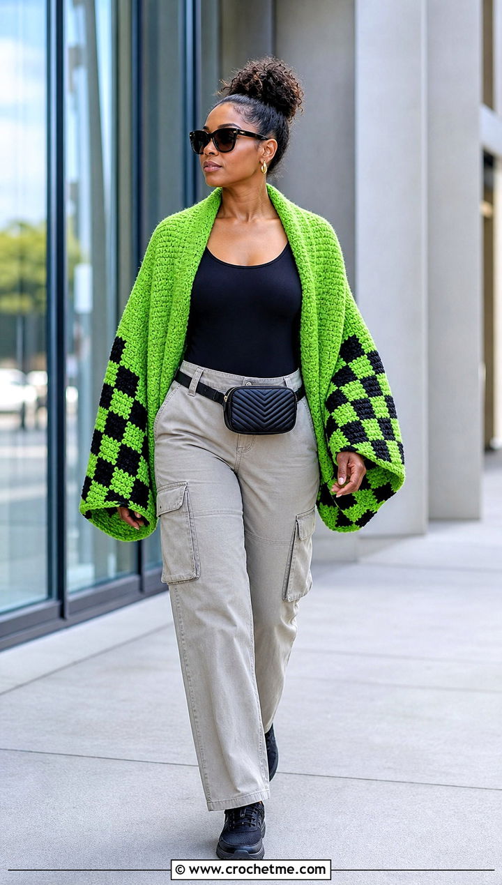 C C Color Block Crochet Cocoon Shrug With Cargo Pants - 25 Easy Crochet Cocoon Shrug outfit ideas
