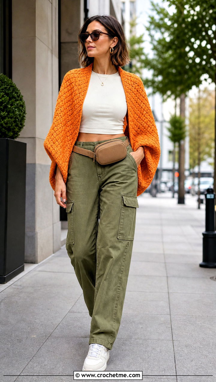 C C Crochet Cocoon Shrug With Cargo Pants - 30 crochet cocoon shrug outfit ideas
