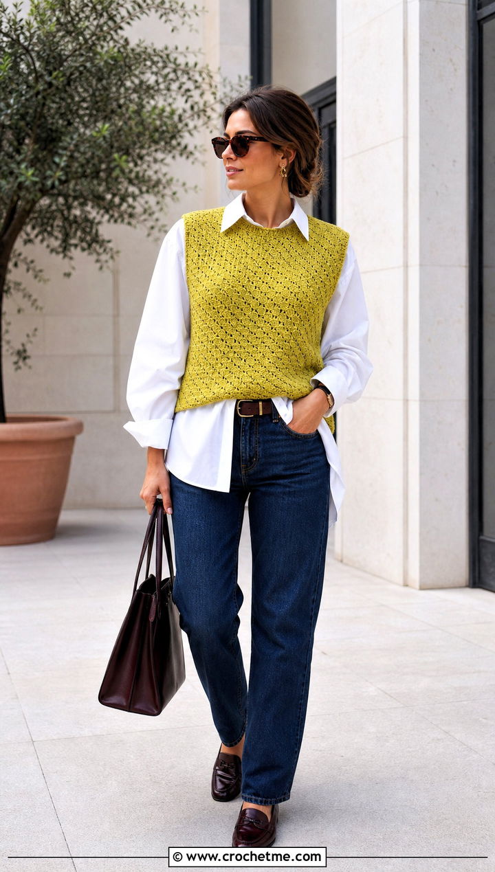 C C Crochet Sweater Vest With Poplin Shirt And Jeans - 25 c2c crochet sweater outfit ideas