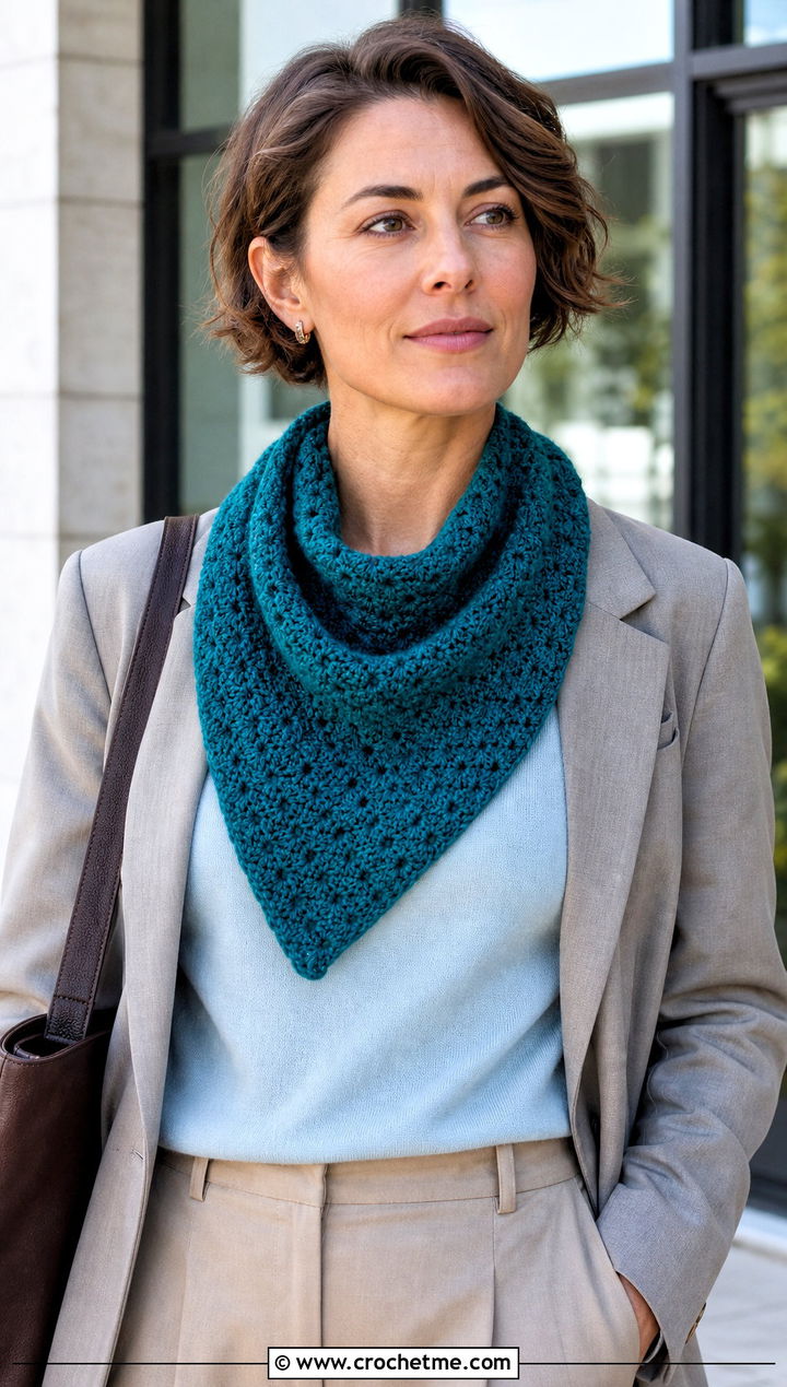 C C Granny Crochet Bandana Cowl With Blazer - 30 crochet bandana cowl outfit ideas