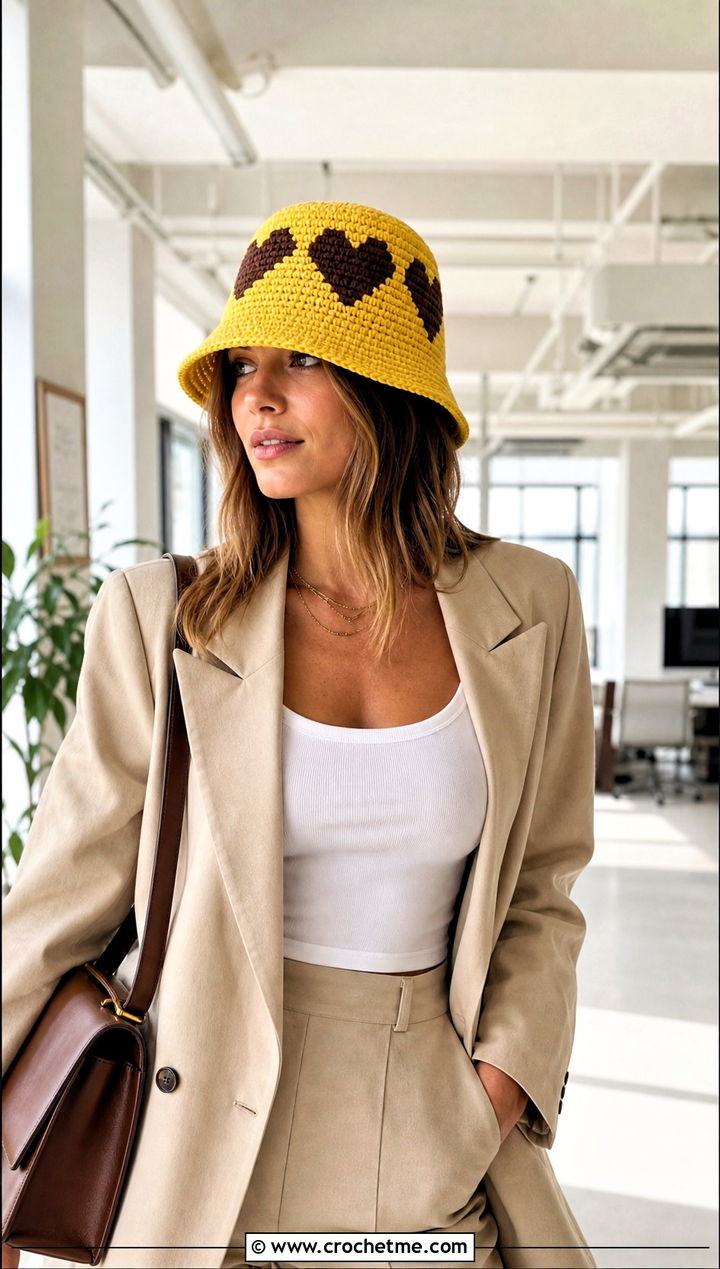 C C Heart Panel Bucket Hat With Blazer And Trousers - 25 crochet heart bucket hat outfit ideas