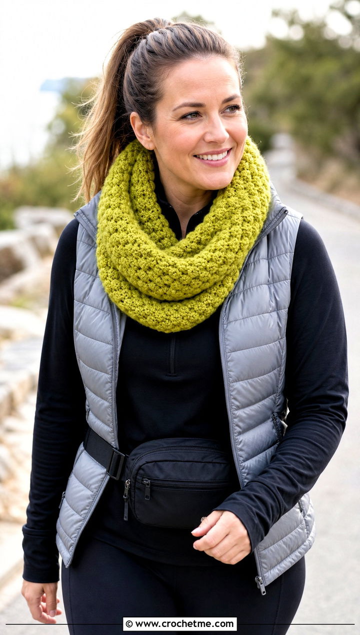 C C Infinity Scarf With Puffer Vest And Leggings - 35 c2c crochet scarf outfit ideas