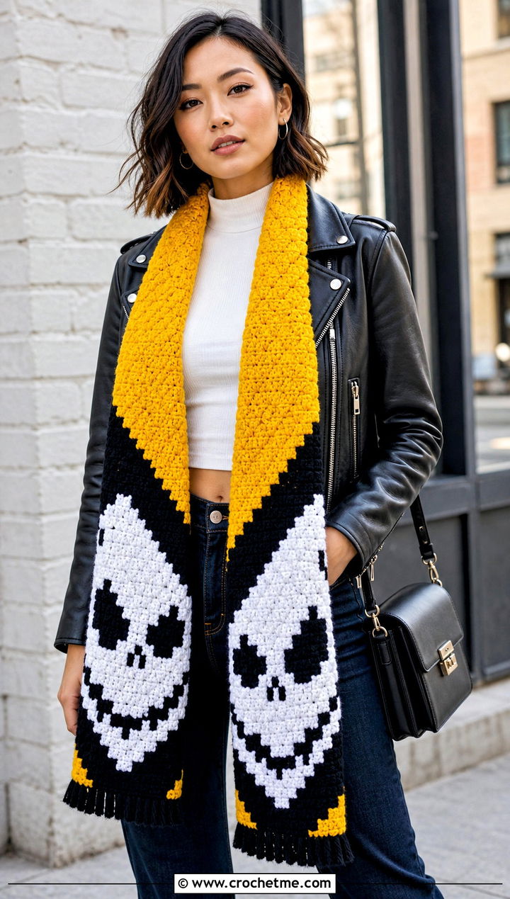C C Jack Skellington Crochet Scarf With Leather Jacket - 20 Crochet Jack Skellington Scarf outfit ideas