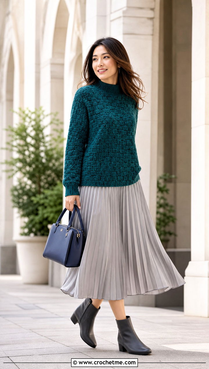 C C Mock Neck Crochet Sweater With Pleated Midi Skirt - 25 c2c crochet sweater outfit ideas