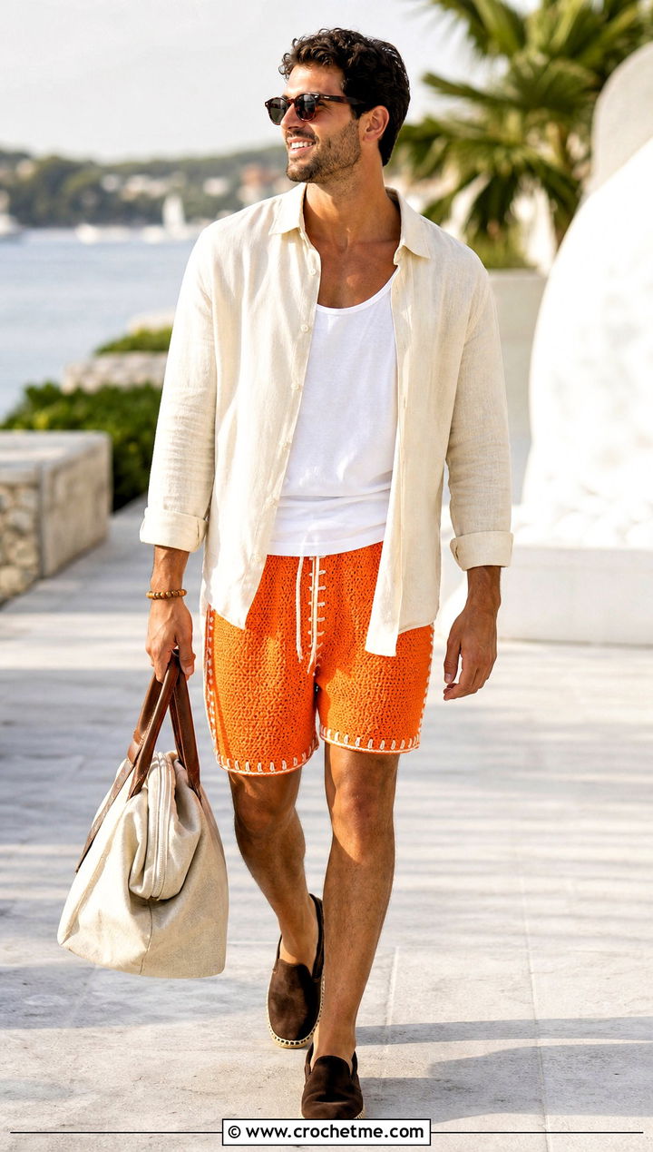 Cabana Crochet Shorts With Linen Shirt - 15 Crochet Mens Shorts For Men outfit ideas