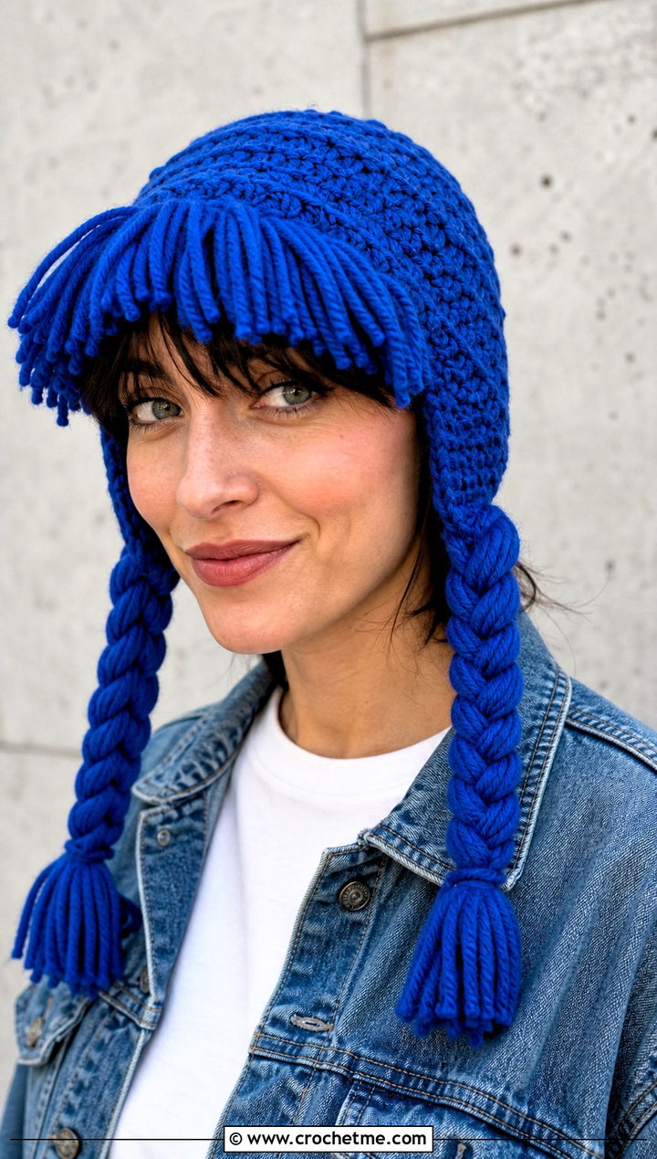 Cabbage Patch Crochet Doll Hat With Braids And Denim - 15 crochet doll hat with braids outfit ideas