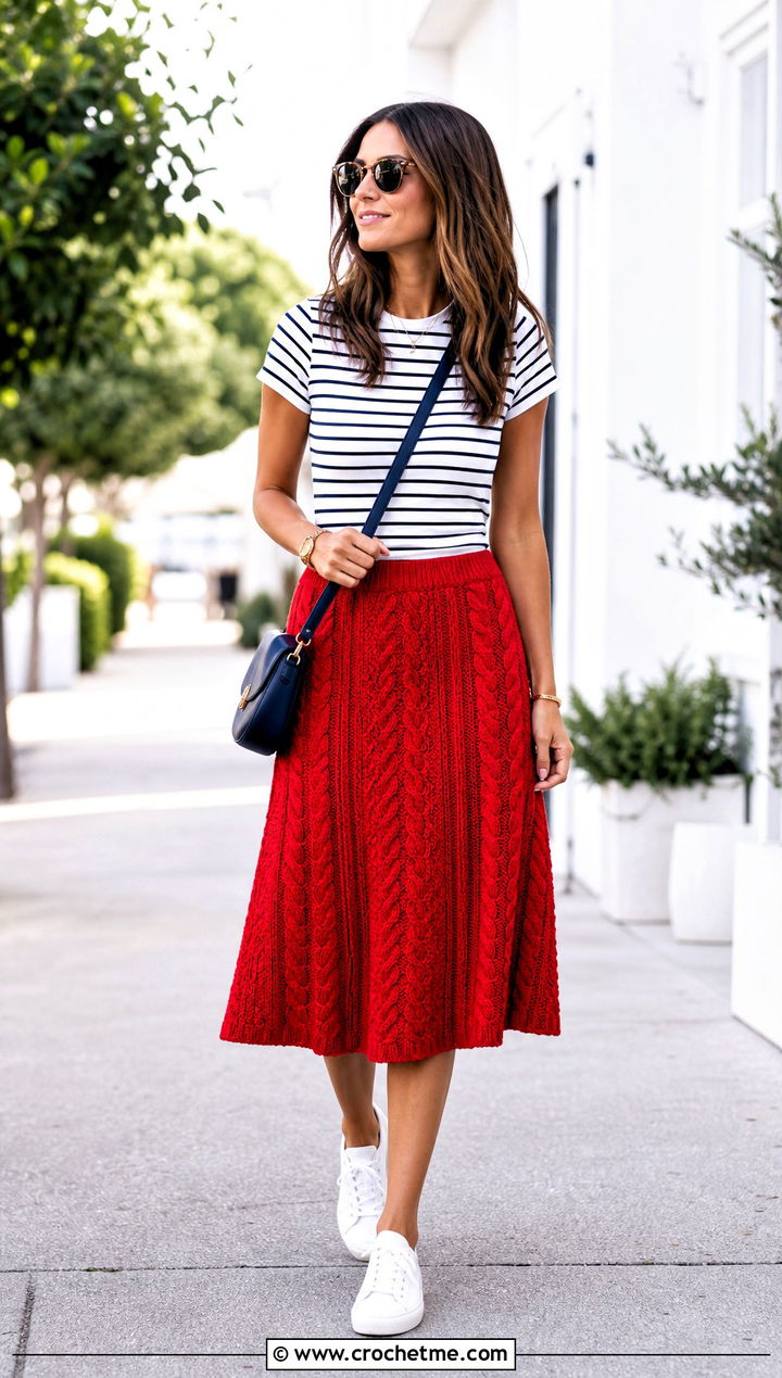 Cable A Line Midi Skirt With Striped T Shirt - 15 crochet cable skirt outfit ideas
