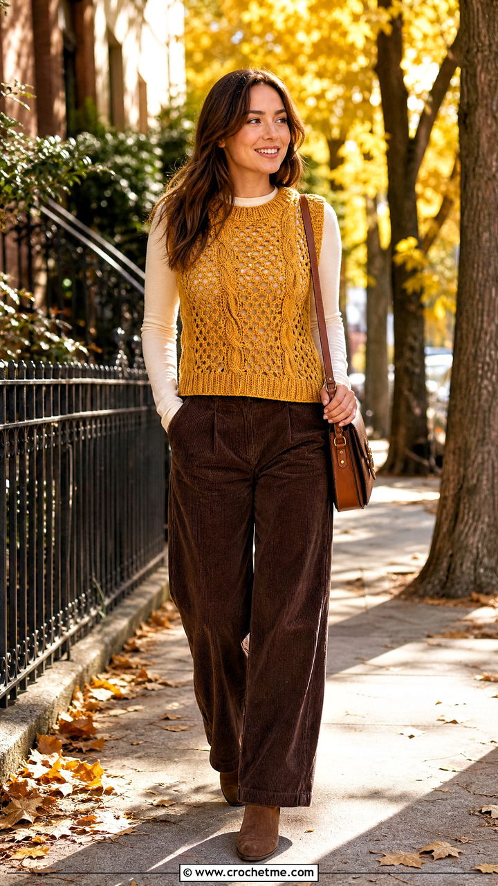 Cable Accent Crochet Mesh Vest With Corduroy Pants - 35 crochet mesh vest outfit ideas