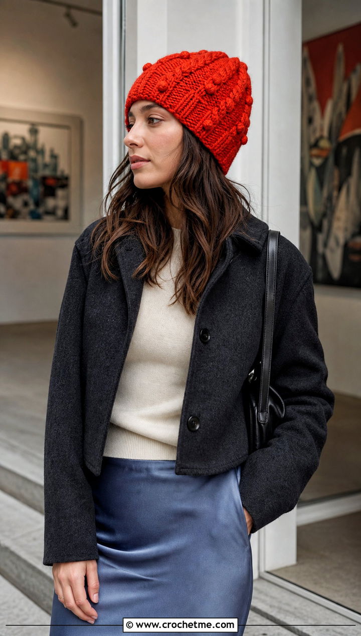 Cable And Bobble Crochet Beanie With Satin Skirt - 25 crochet cable beanie outfit ideas