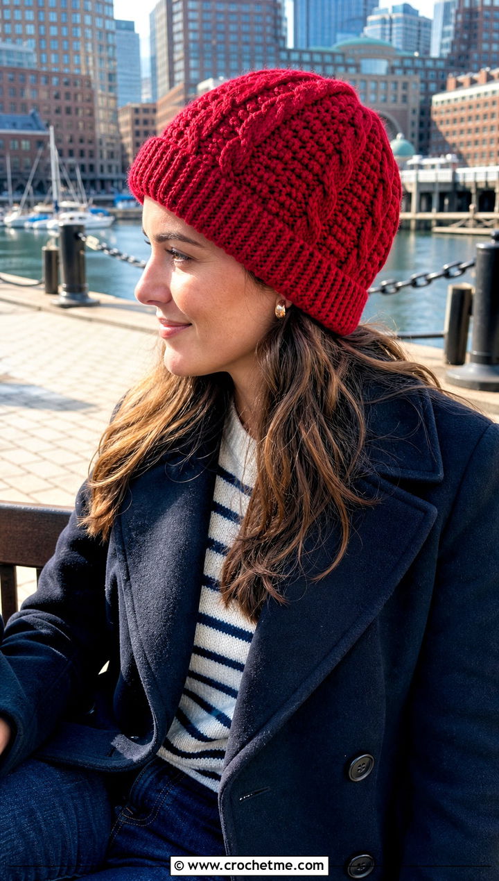Cable And Bubble Crochet Beanie With Peacoat - 20 Crochet Bubble Hat outfit ideas