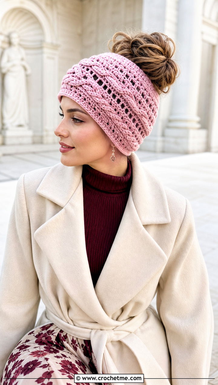 Cable And Lace Messy Bun Crochet Hat With Midi Skirt - 25 Messy Bun Crochet Hat outfit ideas