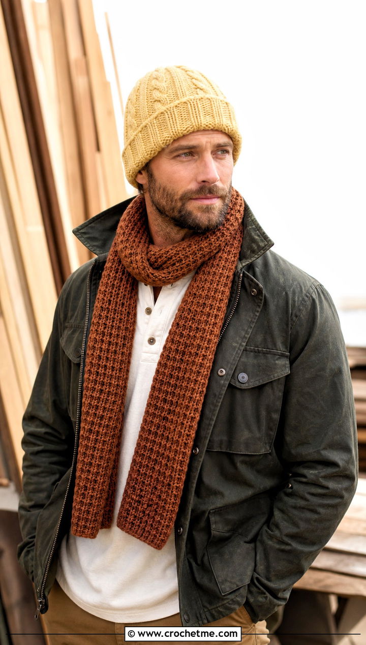 Cable Beanie And Waffle Scarf With Workwear Outfit - 15 Mens Crochet Hat And Scarf outfit ideas