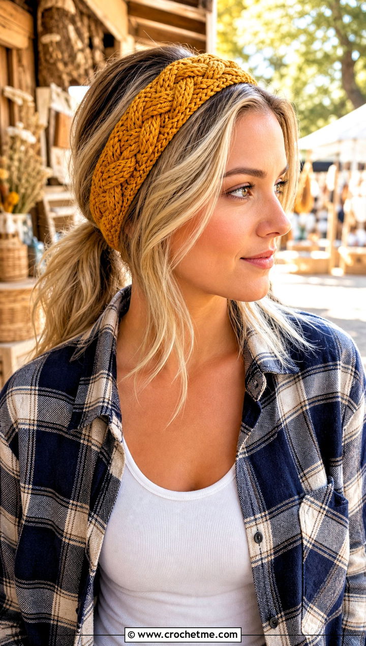 Cable Braid Crochet Headband With Plaid Overshirt - 25 crochet braid headband outfit ideas