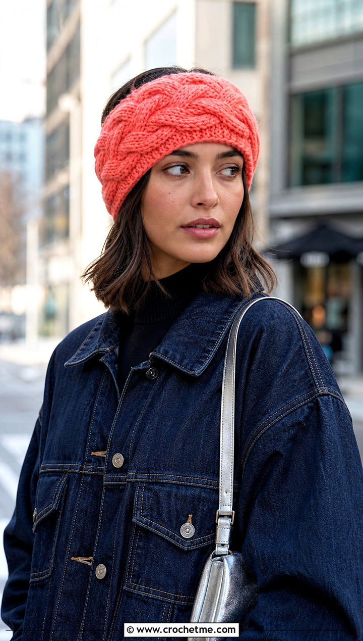 Cable Bulky Crochet Ear Warmer With Denim Jacket - 25 Bulky Crochet Ear Warmer outfit ideas
