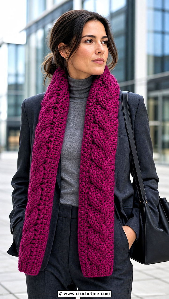 Cable Chunky Crochet Scarf With Monochrome Suit - 15 Crochet Scarves Chunky Yarn outfit ideas