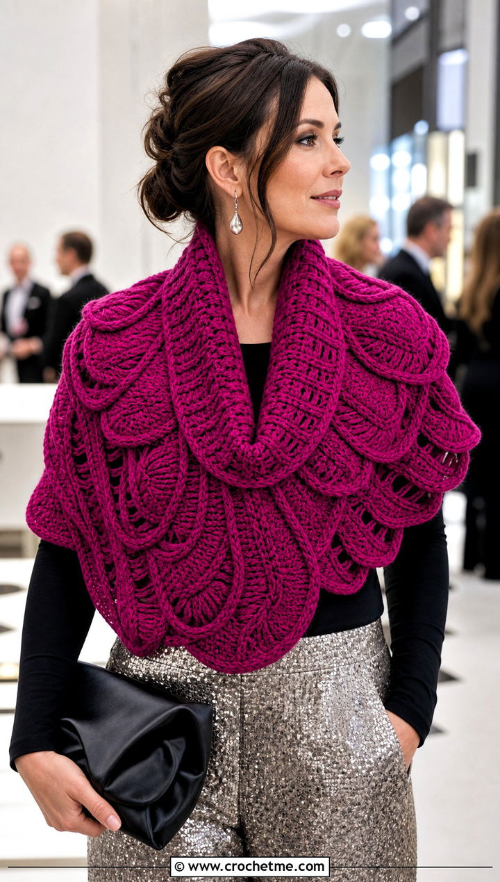 Cable Collar Shawl With Sequin Trousers - 15 Crochet Cable Shawl outfit ideas