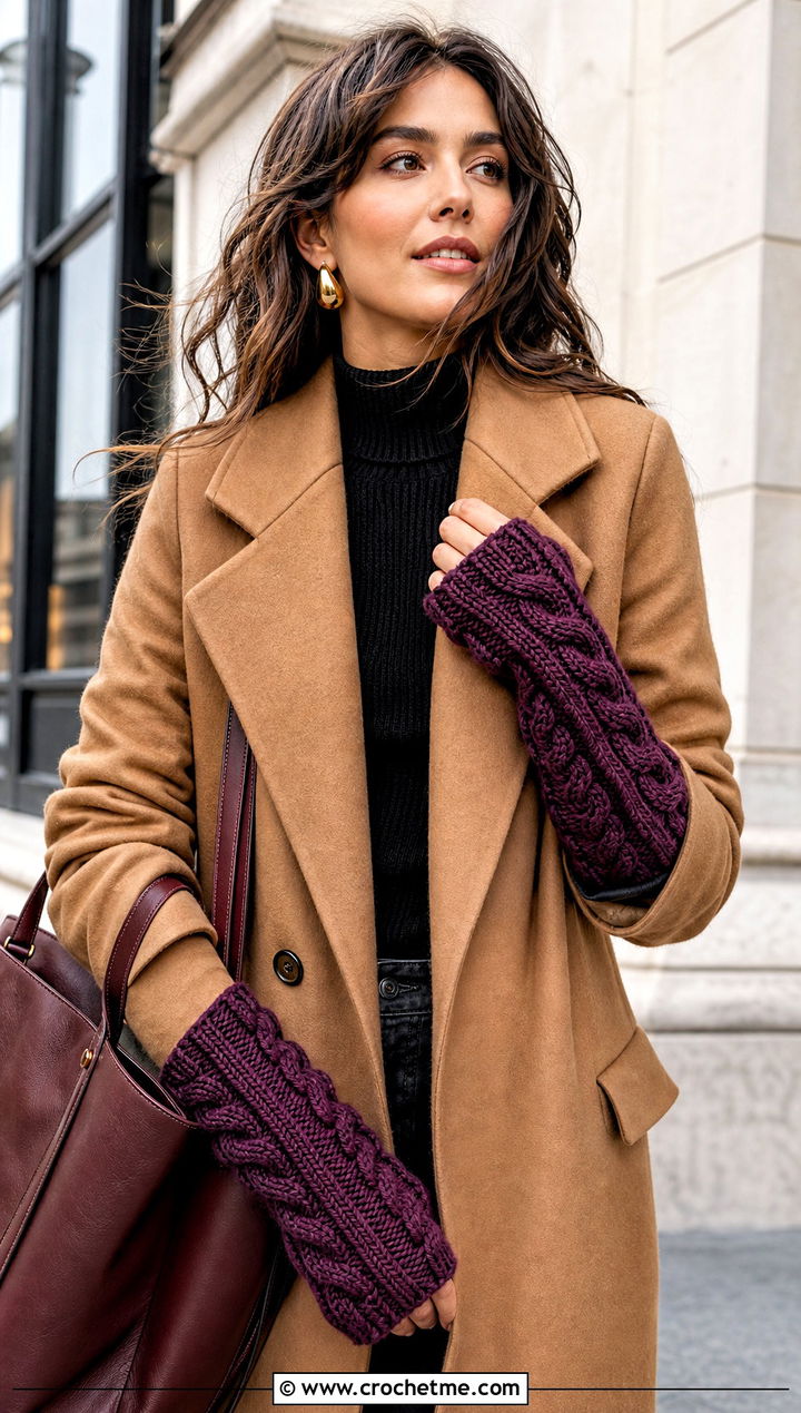 Cable Crochet Arm Warmers With Wool Coat - 25 Crochet Arm Warmers Aesthetic outfit ideas