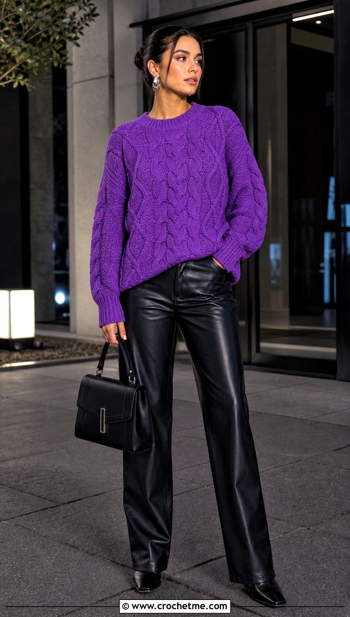 Cable Crochet Baggy Sweater With Leather Pants - 30 crochet baggy sweater outfit ideas