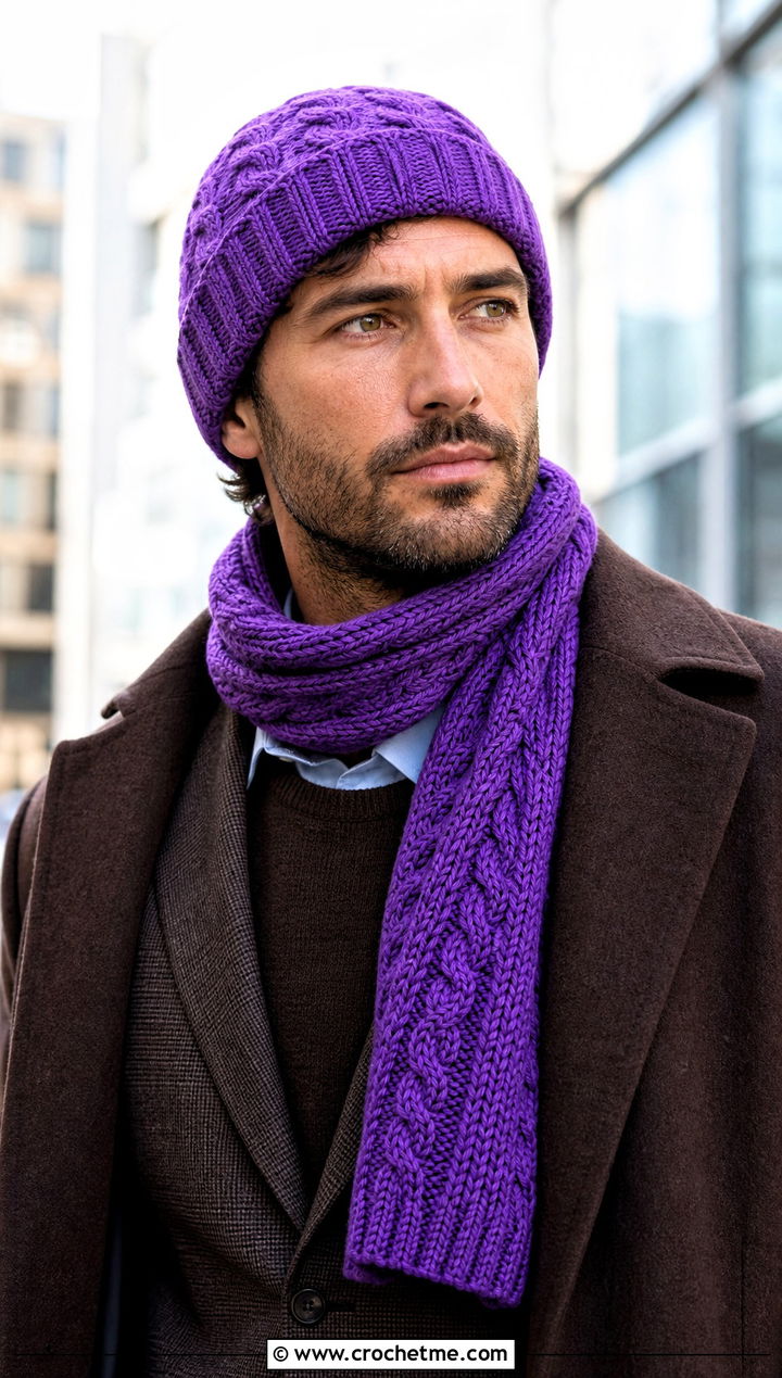 Cable Crochet Beanie And Cable Scarf With Winter Suit - 20 Crochet Mens Hat And Scarf outfit ideas
