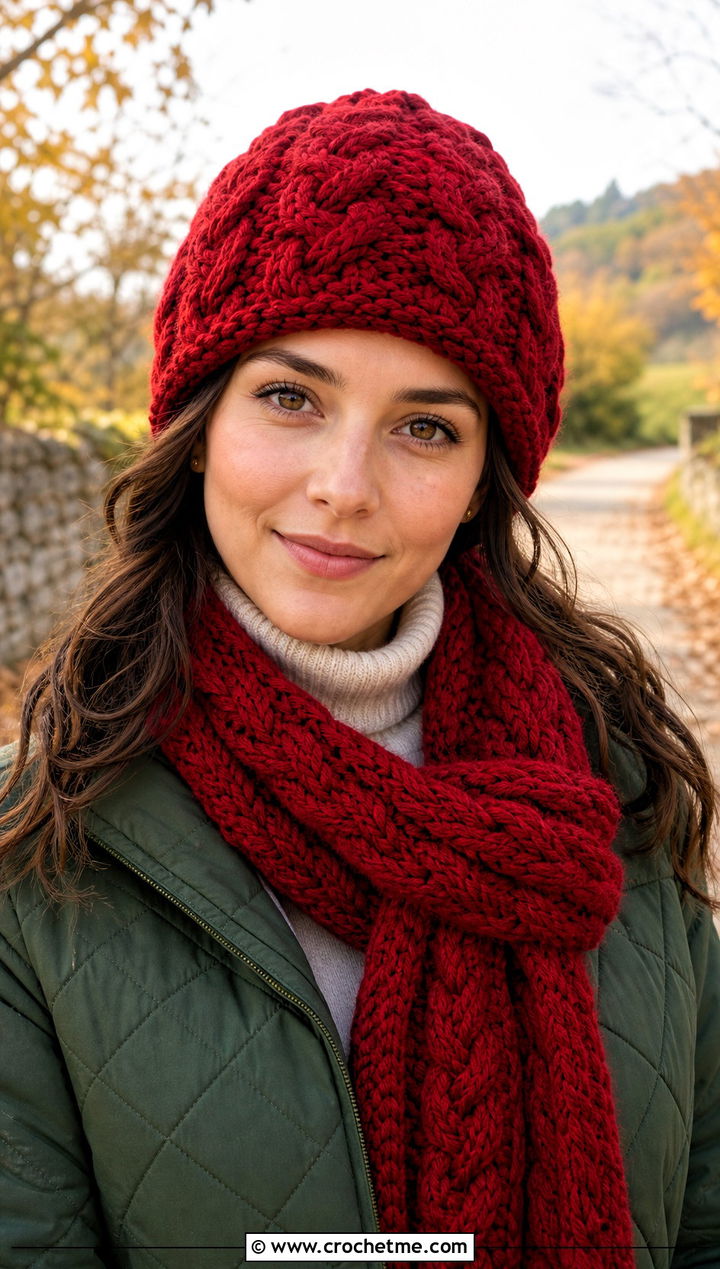 Cable Crochet Beanie And Scarf Set With Quilted Jacket - 30 crochet beanie and scarf set outfit ideas