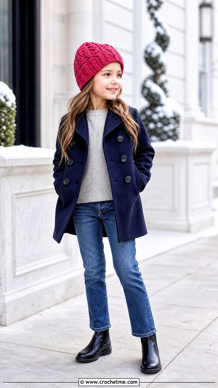 Cable Crochet Beanie With Peacoat And Jeans - 35 childrens crochet hats outfit ideas