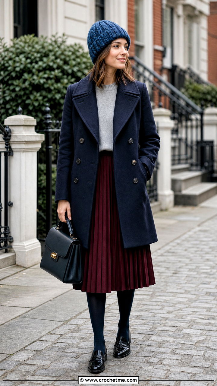 Cable Crochet Beanie With Peacoat And Pleated Skirt - 35 crochet beanie hat outfit ideas