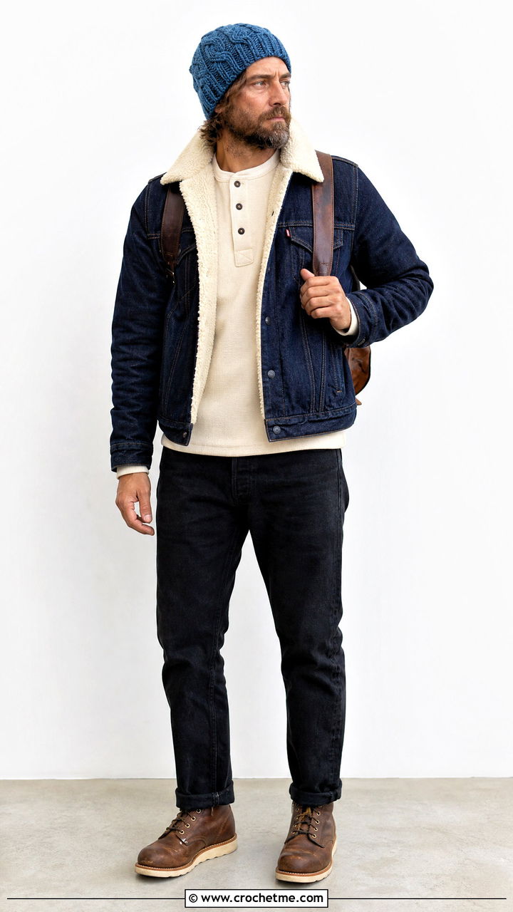 Cable Crochet Beanie With Shearling Jacket - 35 men's crochet hat outfit ideas