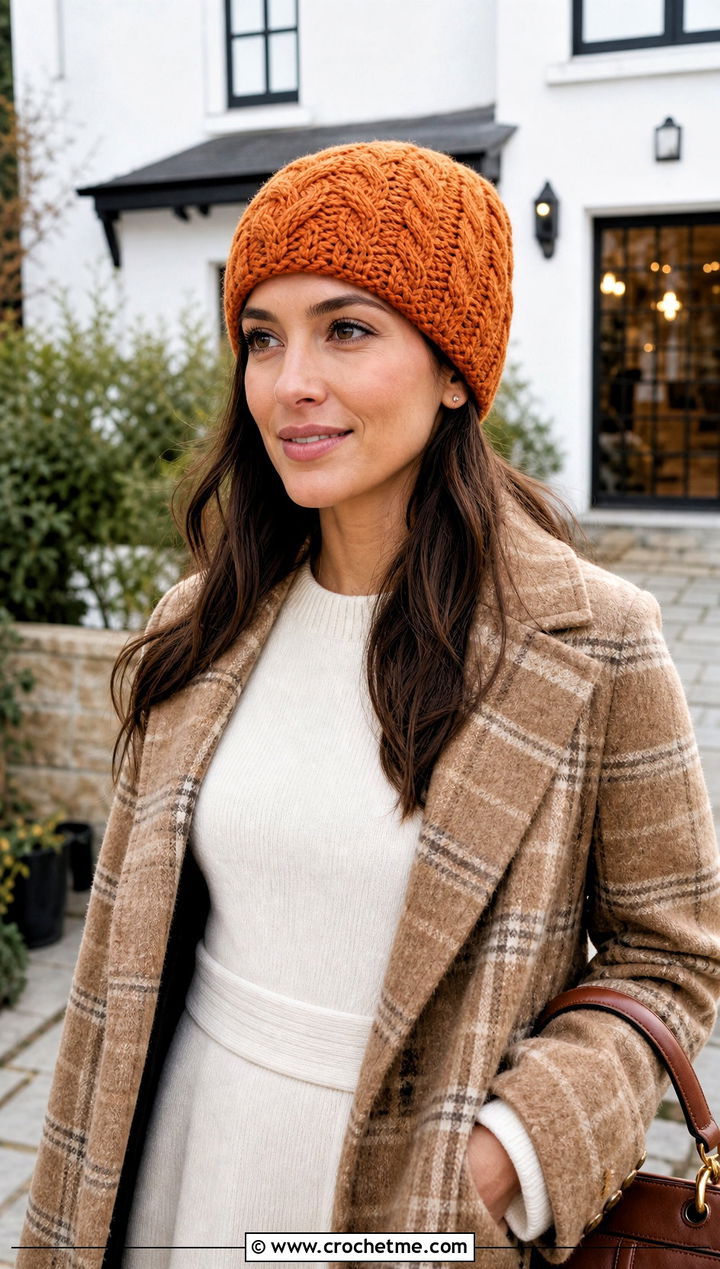Cable Crochet Beanie With Sweater Dress - 25 country cottage crochet beanie outfit ideas