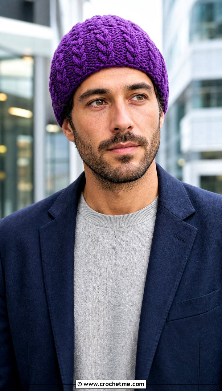 Cable Crochet Beanie With Tailored Blazer - 25 crochet for men's beanies outfit ideas