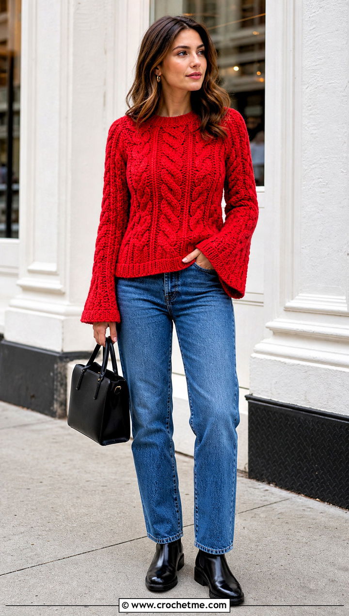 Cable Crochet Bell Sleeve Sweater With Straight Leg Jeans - 25 crochet bell sleeve sweater outfit ideas