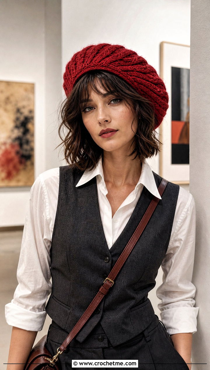Cable Crochet Beret With Tailored Trousers - 25 Cable Crochet Hat outfit ideas