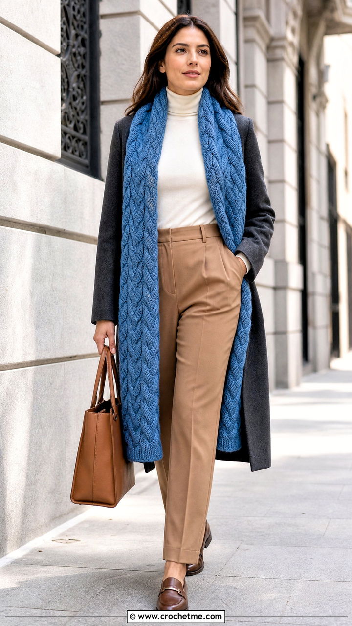Cable Crochet Blanket Scarf With Pleated Trousers - 35 crochet blanket scarf outfit ideas