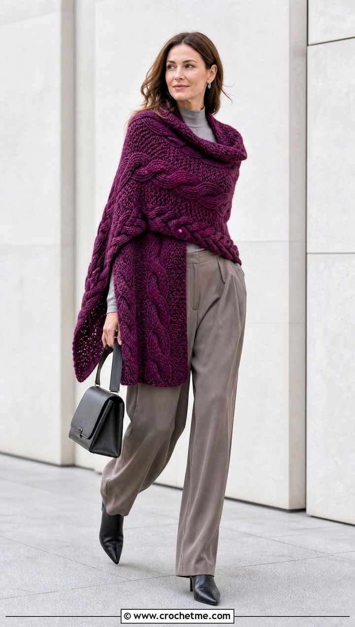 Cable Crochet Blanket Shawl With Pleated Trousers - 30 crochet blanket shawl outfit ideas