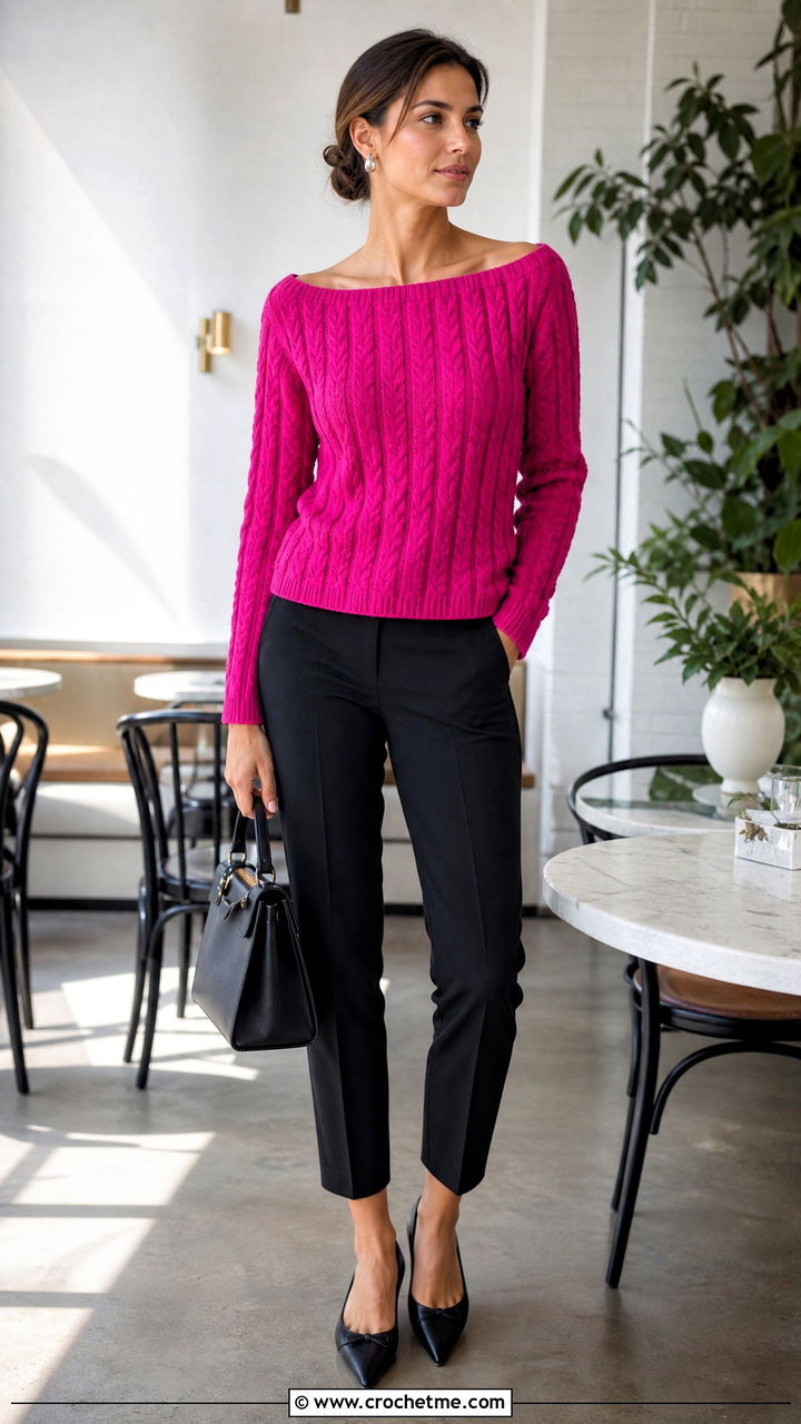 Cable Crochet Boat Neck Sweater With Cigarette Pants - 35 cable crochet sweater outfit ideas