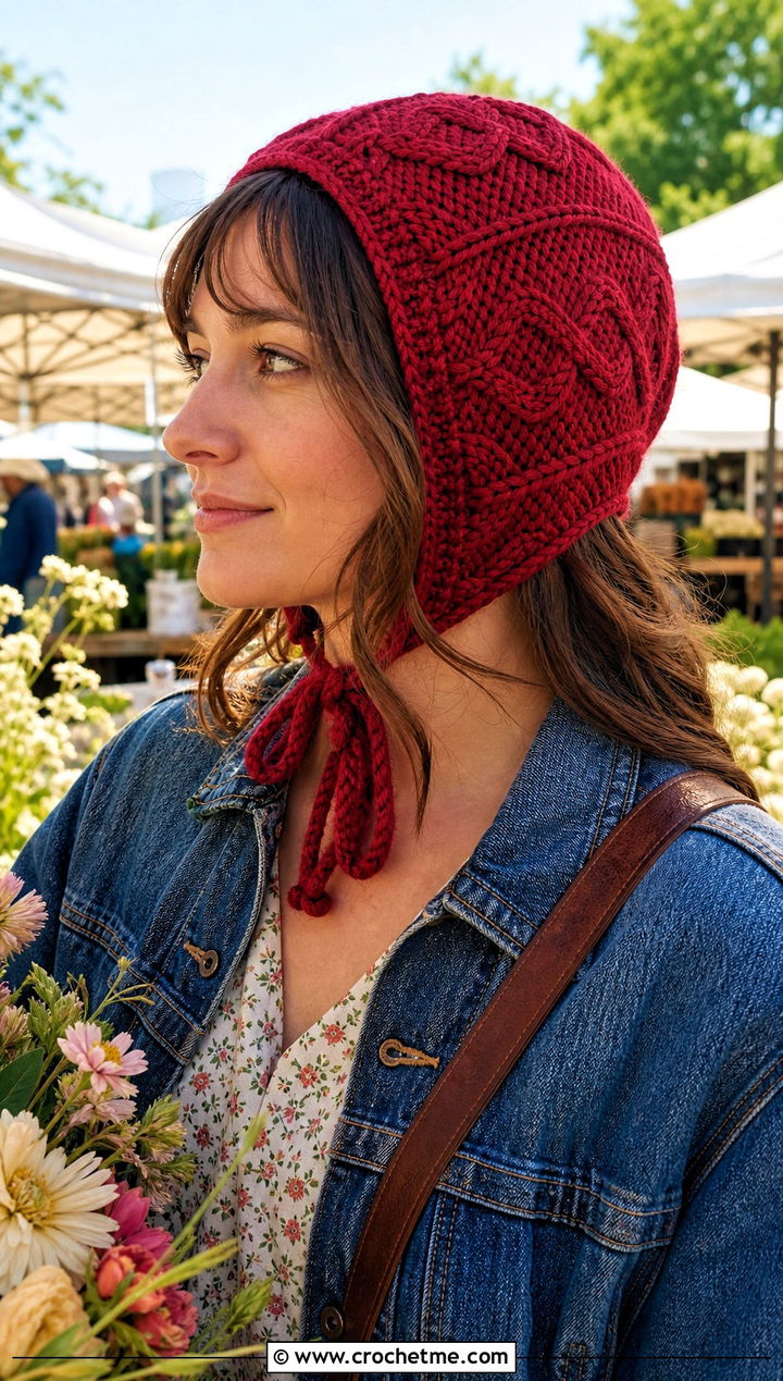 Cable Crochet Bonnet With Cottagecore Dress - 25 Cable Crochet Hat outfit ideas