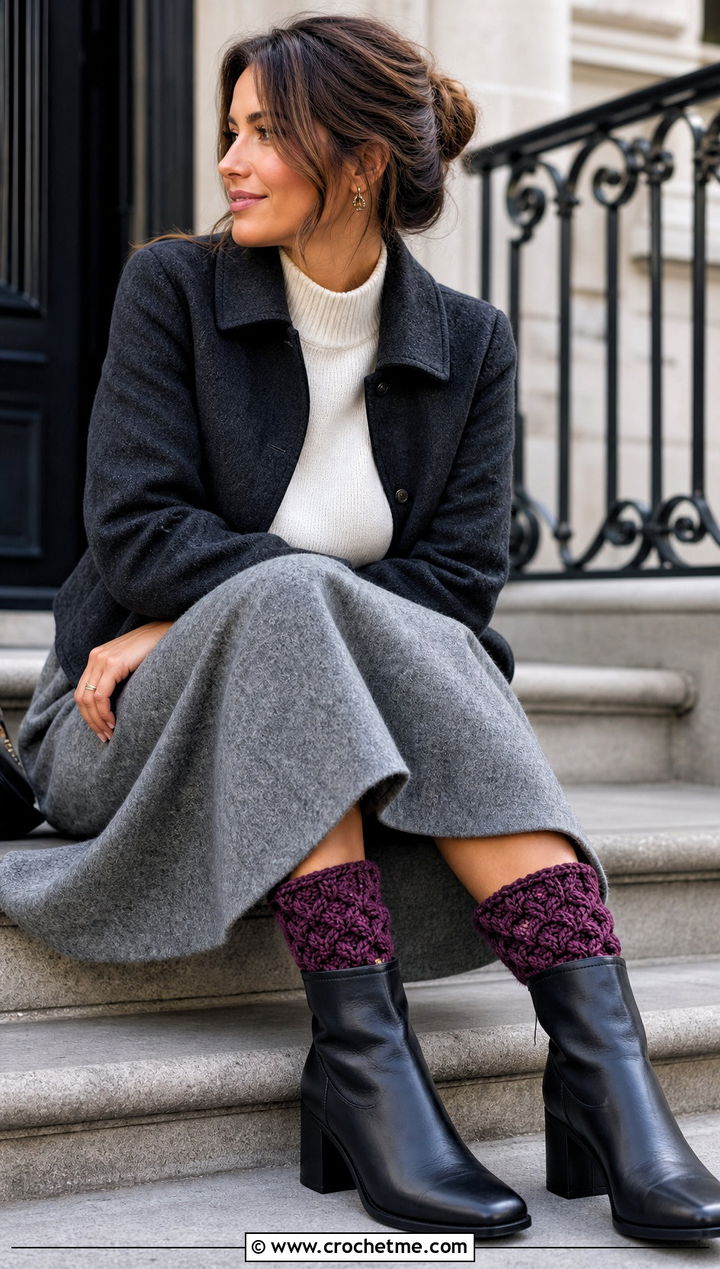 Cable Crochet Boot Socks With Wool Skirt And Ankle Boots - 25 Quick Crochet Socks outfit ideas