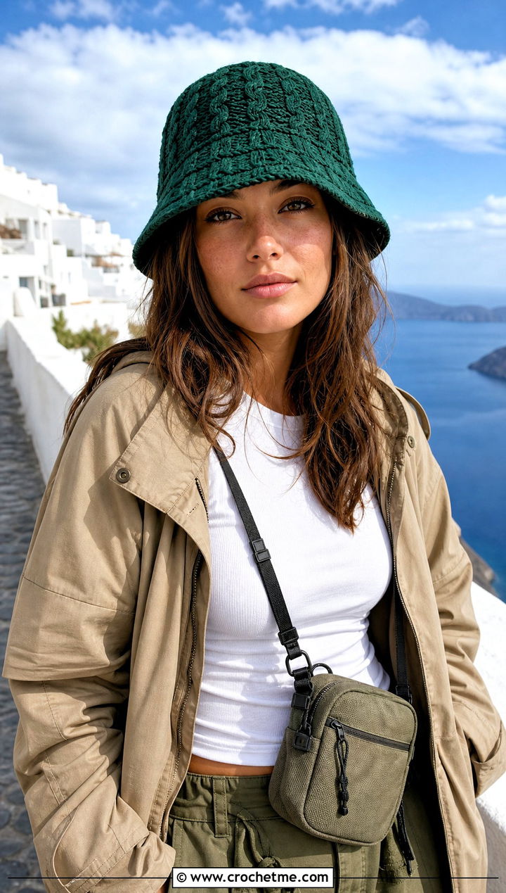 Cable Crochet Bucket Hat With Utility Jacket - 25 Cable Crochet Hat outfit ideas