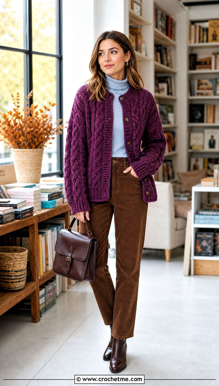 Cable Crochet Button Down Cardigan With Corduroy Pants - 25 crochet button down cardigan outfit ideas